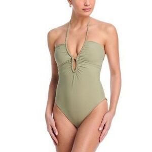 JUAN DE DIOS Halter Neck One Piece Swimsuit Womens S Green Braided Detail NWD